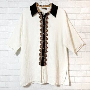 Basement‎ U.S.A. Vintage Cream Linen Brown Velvet Collar Tunic Women's Size L